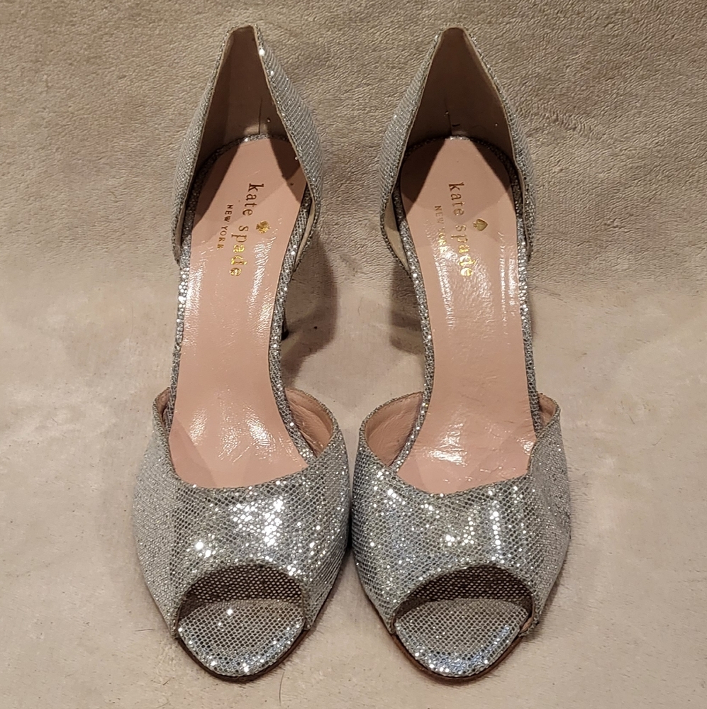 Kate Spade New York "Sage" silver glitter d'Orsay open-toe pumps